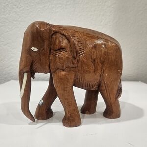 Vintage Wooden Hand-Carved Elephant Figurine Teak Wood Made In Thailand 5.25"